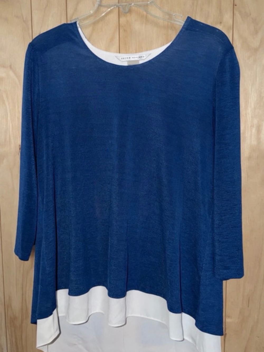 Peter Nygard Blue Long Sleeve Layered Hem Top with White Trim